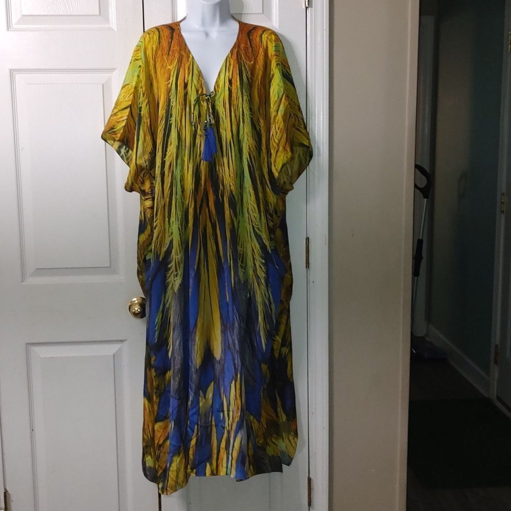 Soft Surroundings Blue Yellow Feathers Caftan Dress One Size